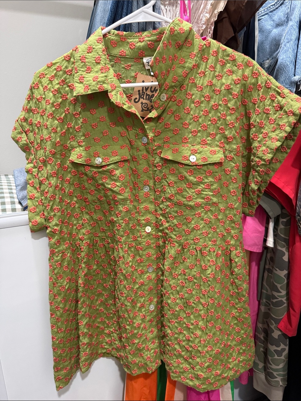 ivy jane Green Button-Front Blouse with Orange Floral Dots